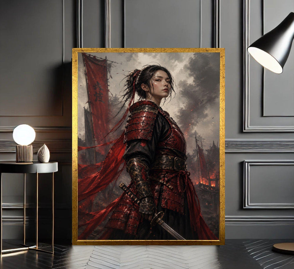 Samurai Warrior Framed Wall Art, Red Armor Canvas Print, Japanese Living Room Art