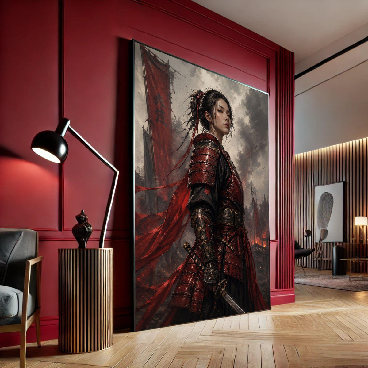 Image 4 of Samurai Warrior Framed Wall Art, Red Armor Canvas Print, Japanese Living Room Art