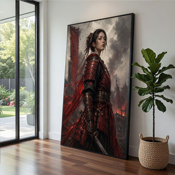 Image 1 of Samurai Warrior Framed Wall Art, Red Armor Canvas Print, Japanese Living Room Art