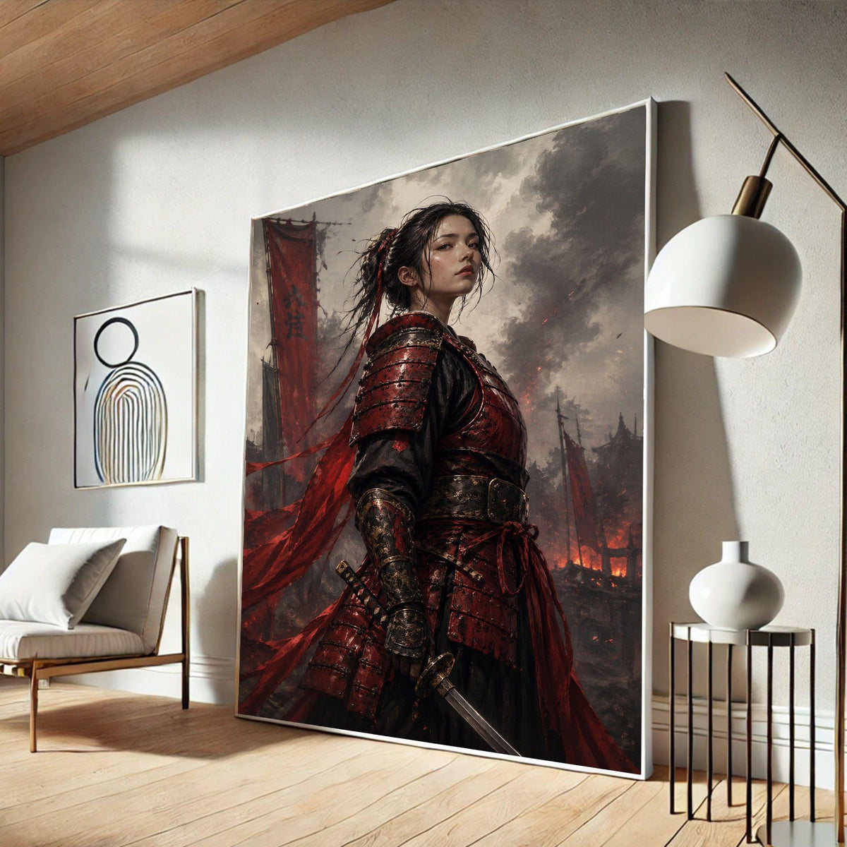 Image 3 of Samurai Warrior Framed Wall Art, Red Armor Canvas Print, Japanese Living Room Art
