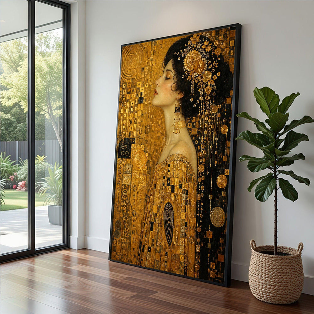 Gustav Klimt Inspired Woman Framed Wall Art, Golden Portrait Canvas Print, Art Nouveau Living