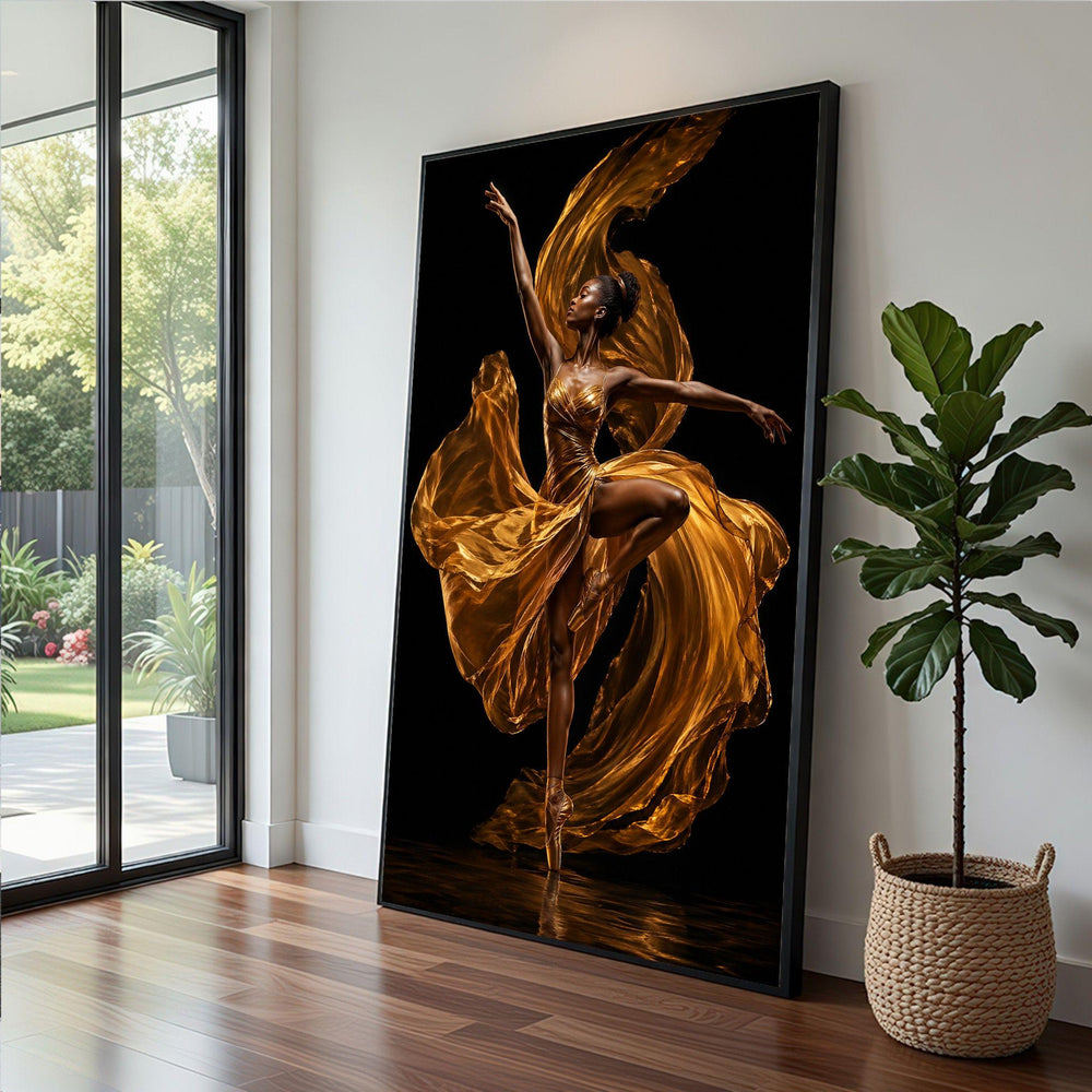 Ballet Dancer Golden Framed Wall Art, Dance Framed Wall Art, Living Room Decor, Modern Art Canvas Print, Modern Living Room Wall Decor