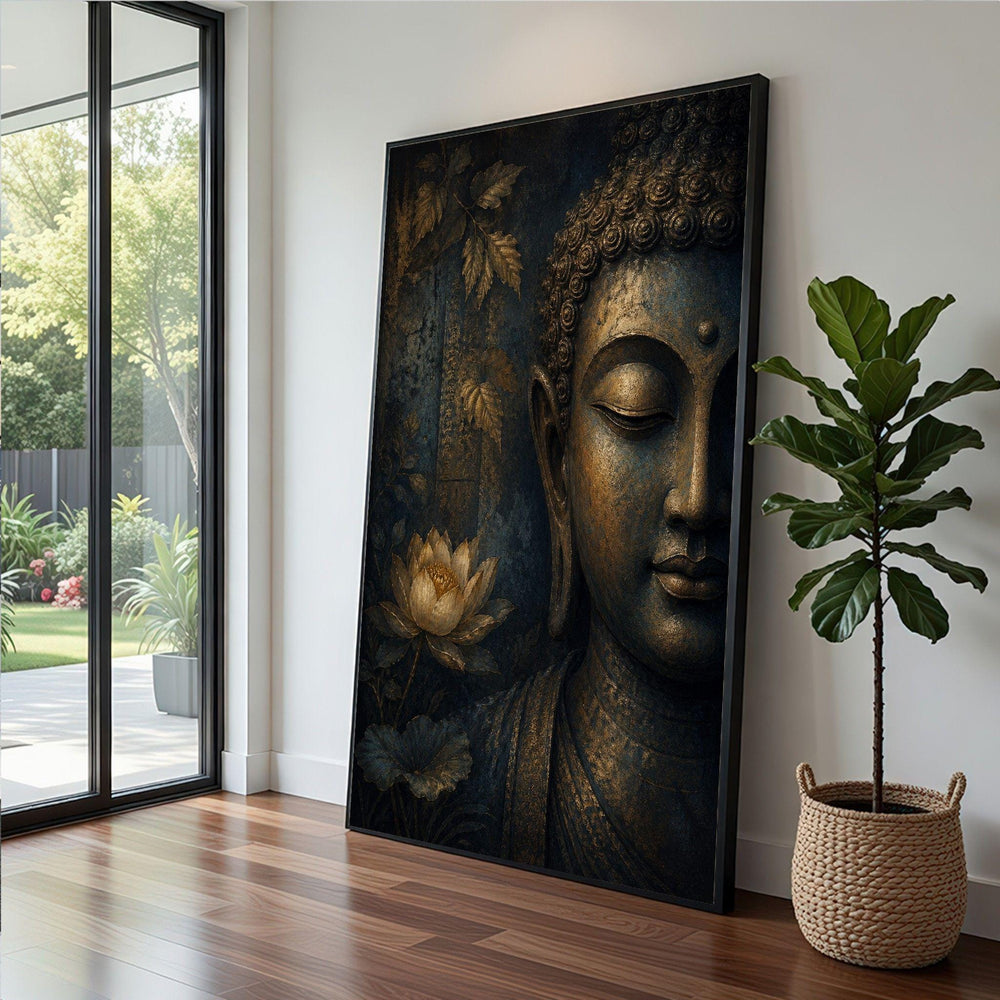 Buddha Meditation Lotus Framed Wall Art, Golden Spiritual Canvas Print, Zen Living Room Decor