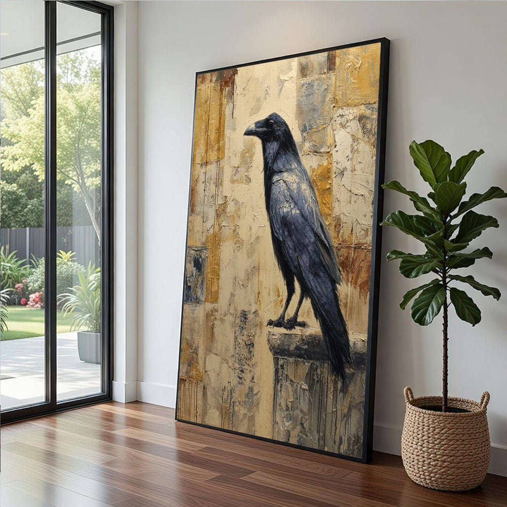 Raven Framed Wall Art, Rustic Gold Black Framed Wall Art, Living Room Decor, Modern Art Canvas Print, Rustic Farmhouse Living Room Decor