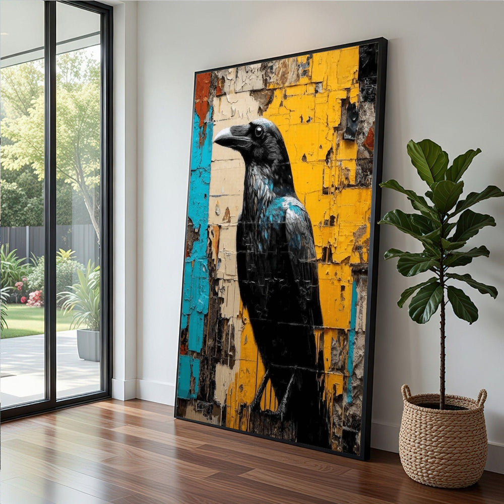 Raven Street Art Framed Wall Art, Urban Graffiti Canvas Print, Living Room Decor