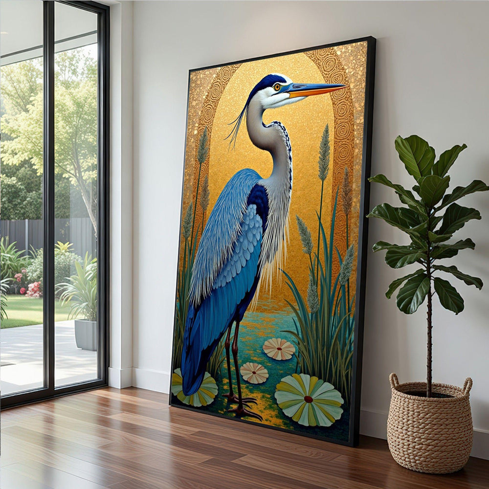 Blue Heron Framed Wall Art, Gold Lily Pond Canvas Print, Nature Living Room Decor