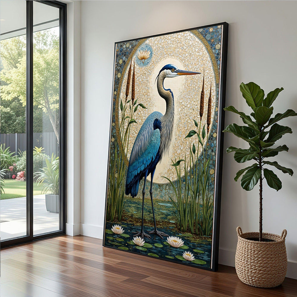 Blue Heron Framed Wall Art, Wetland Scene Canvas Print, Nature Living Room Decor
