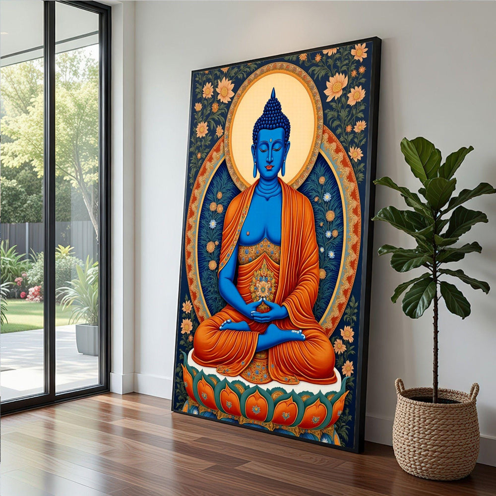 Buddha Meditation Framed Wall Art, Vibrant Blue Orange Canvas Print, Spiritual Living