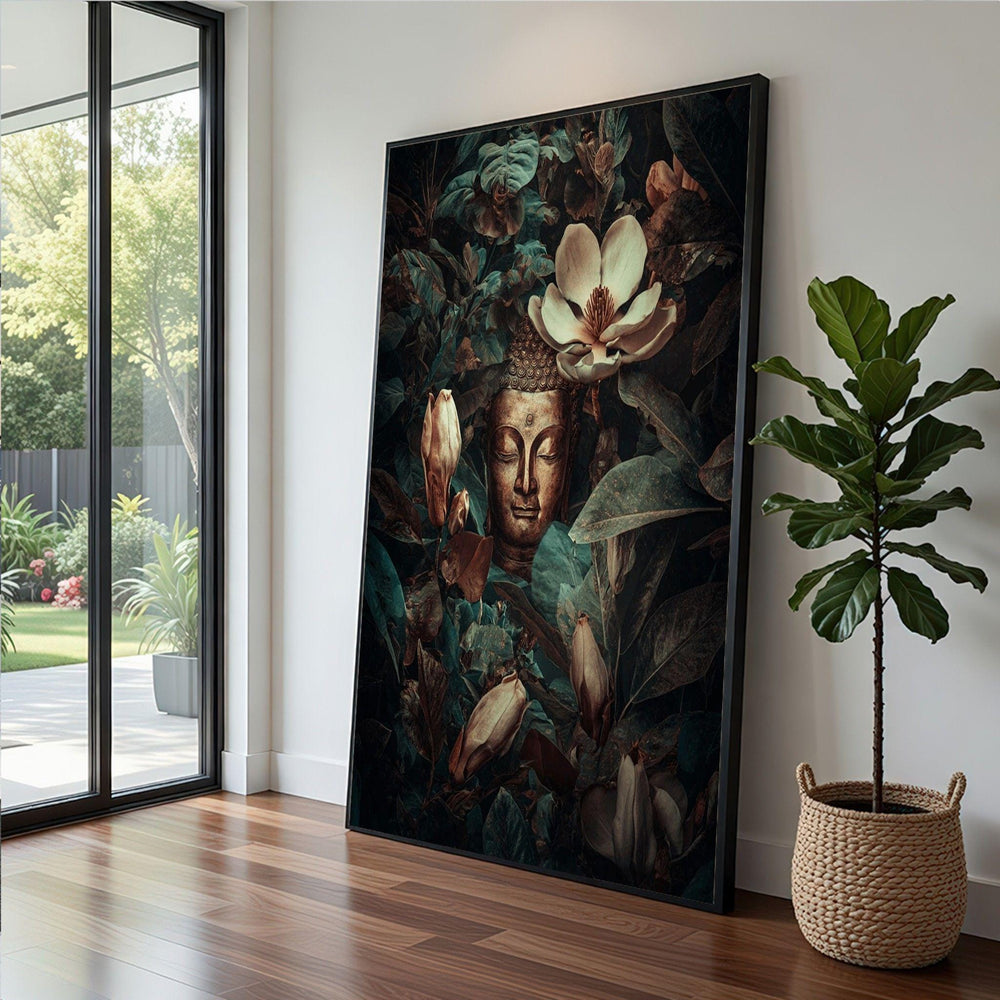 Buddha Floral Framed Wall Art, Serenity Garden Canvas Print, Zen Meditation Living
