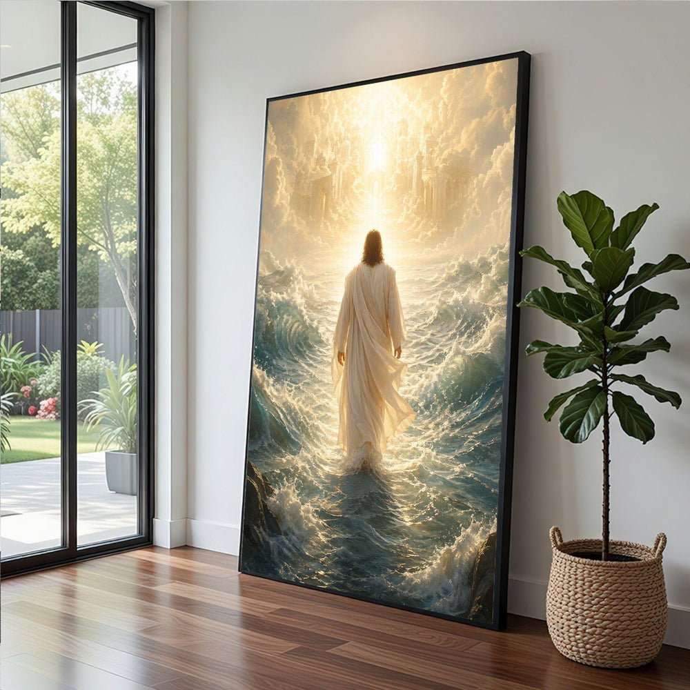 Divine Light Framed Wall Art, Heavenly Ocean Canvas Print, Religious Living Room Decor