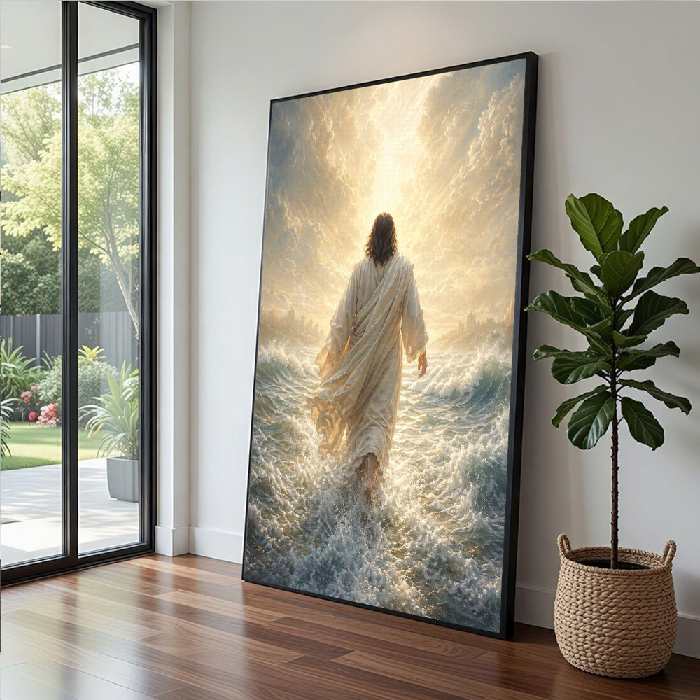 Jesus Walking on Water Framed Wall Art, Divine Light Canvas Print, Religious Living Room Decor