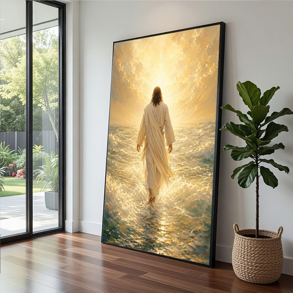 Inspirational Jesus Framed Wall Art, Divine Ocean Scene Canvas Print, Spiritual Living Room Decor