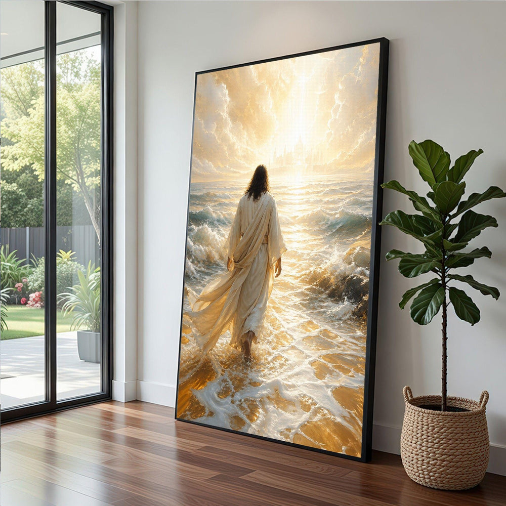 Jesus Walking on Water Framed Wall Art, Divine Ocean Canvas Print, Spiritual Living Room Decor