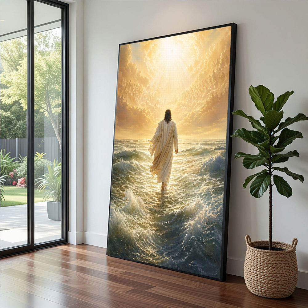 Divine Presence Framed Wall Art, Golden Sea Canvas Print, Religious Living Room Decor