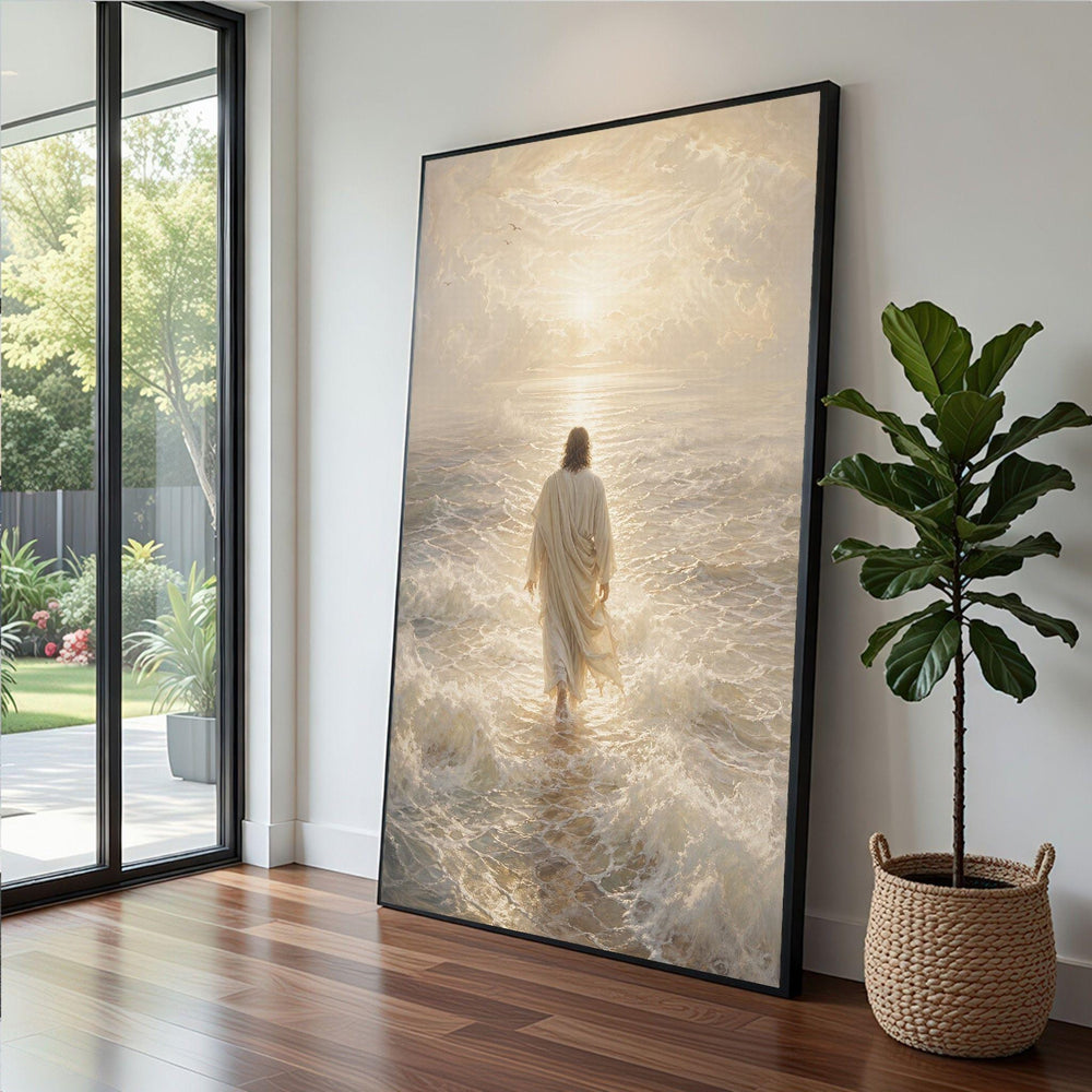 Jesus Walking on Water Framed Wall Art, Serene Ocean Canvas Print, Religious Living Room Decor