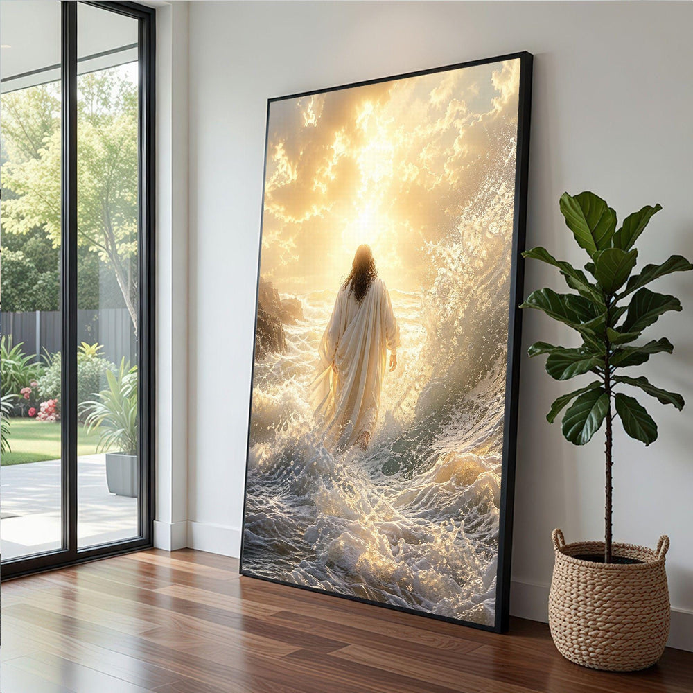 Biblical Figure Framed Wall Art, Oceanic Divine Light Canvas Print, Spiritual Living Room Decor