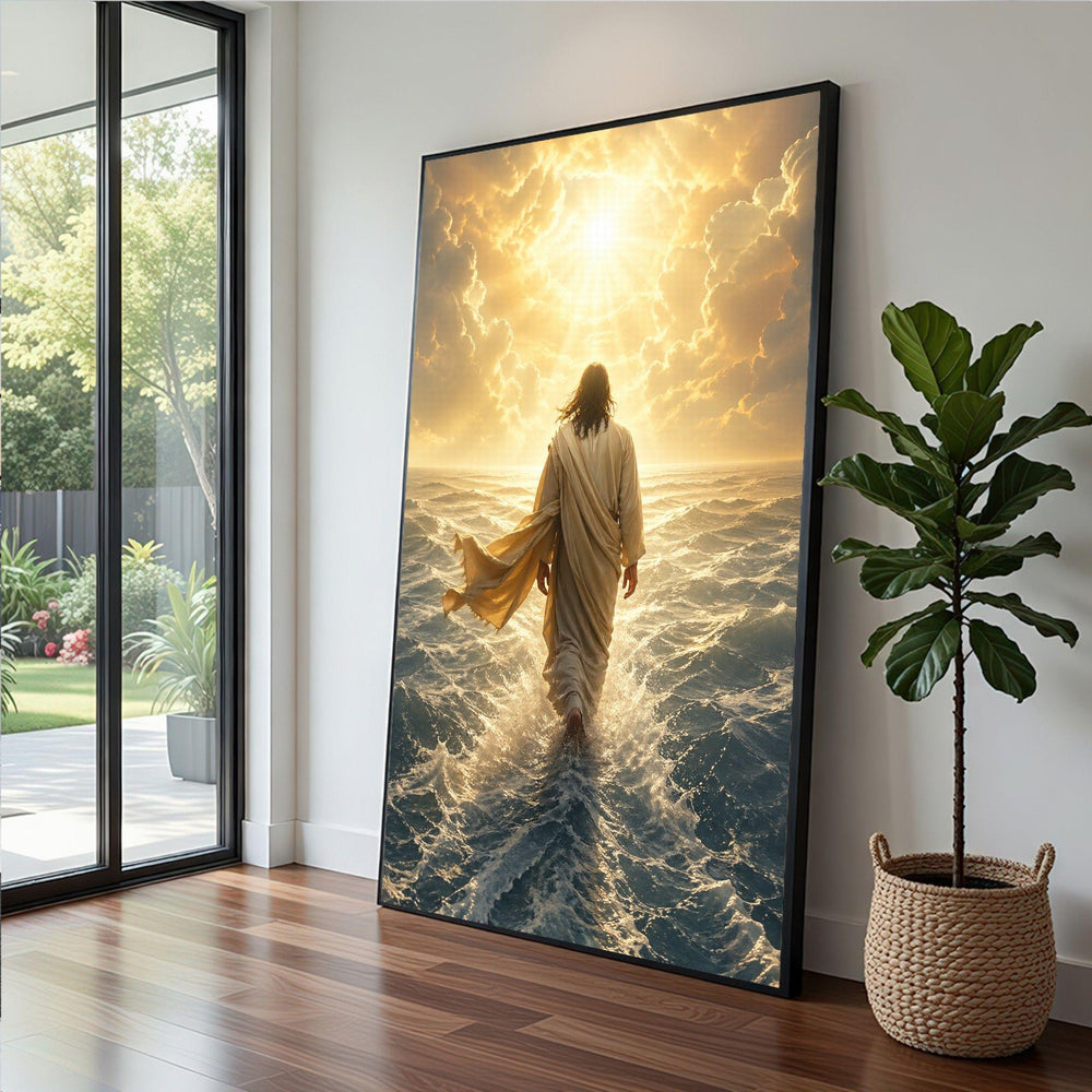 Jesus Walking on Water Framed Wall Art, Divine Light Ocean Canvas Print, Spiritual Living Room Decor