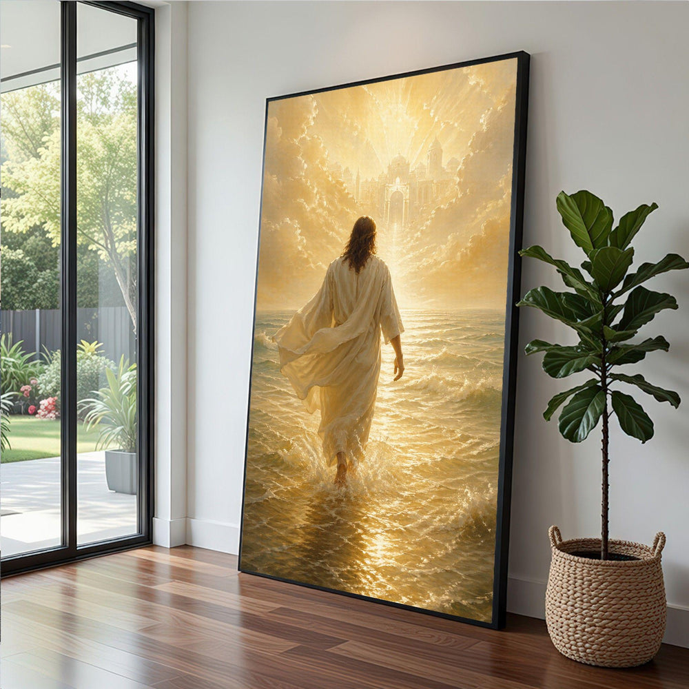 Divine Christian Art Canvas Wall Print, Golden Light Ocean Path, Religious Faith Living