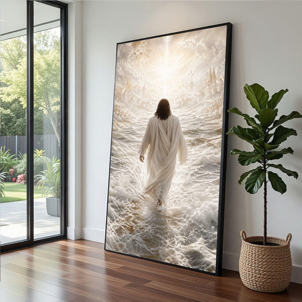 Jesus Walking on Water Framed Wall Art, Divine Light Ocean Canvas Print, Religious Living Room Decor