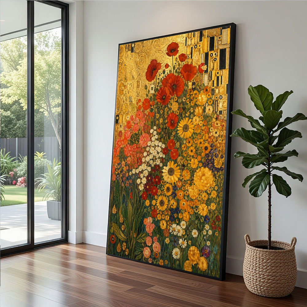 Gustav Klimt Floral Garden Framed Wall Art, Vibrant Bloom Canvas Print, Art Nouveau Living Room Decor