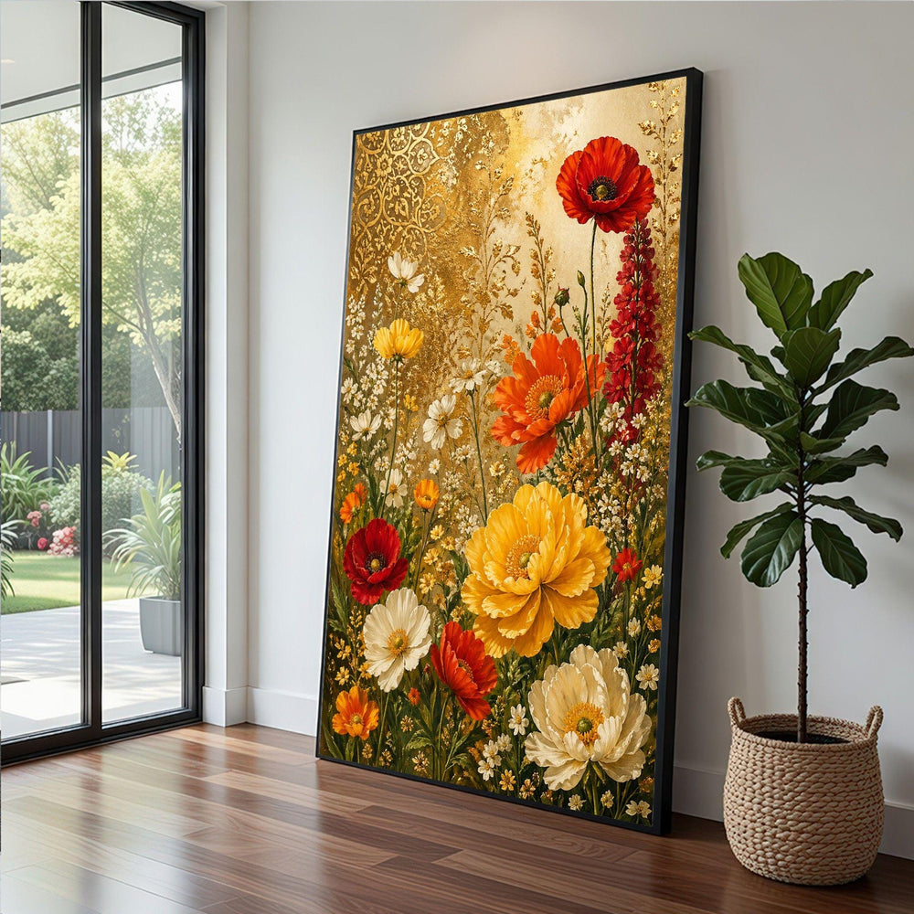 Vintage Floral Garden Framed Wall Art, Gold Red Botanical Canvas Print, Farmhouse Living