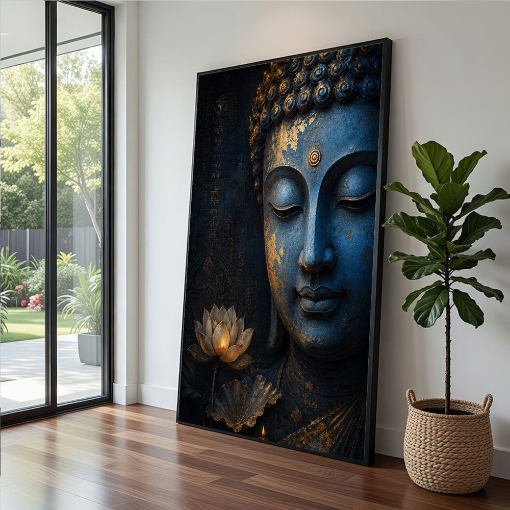 Buddha Serenity Framed Wall Art, Blue Gold Spiritual Canvas Print, Zen Meditation Room Decor