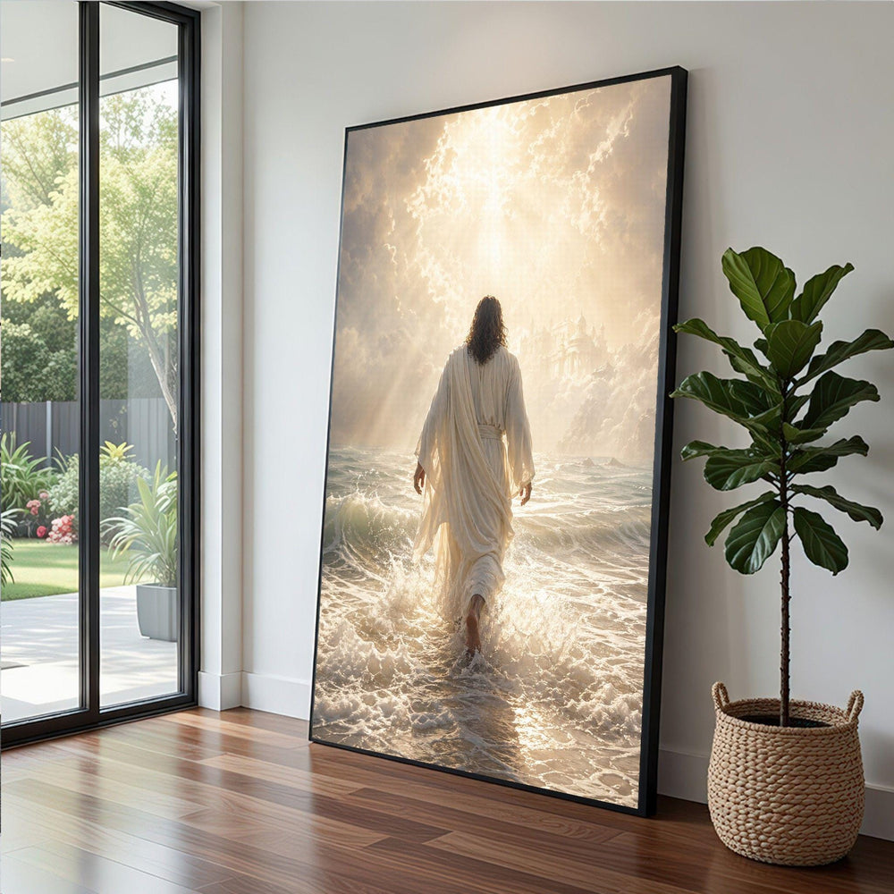 Jesus Walking on Water Framed Wall Art, Divine Light Ocean Canvas Print, Religious Living Room Decor