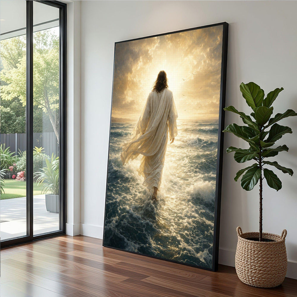 Jesus Ocean Path Framed Wall Art, Divine Light Canvas Print, Religious Living Room Decor
