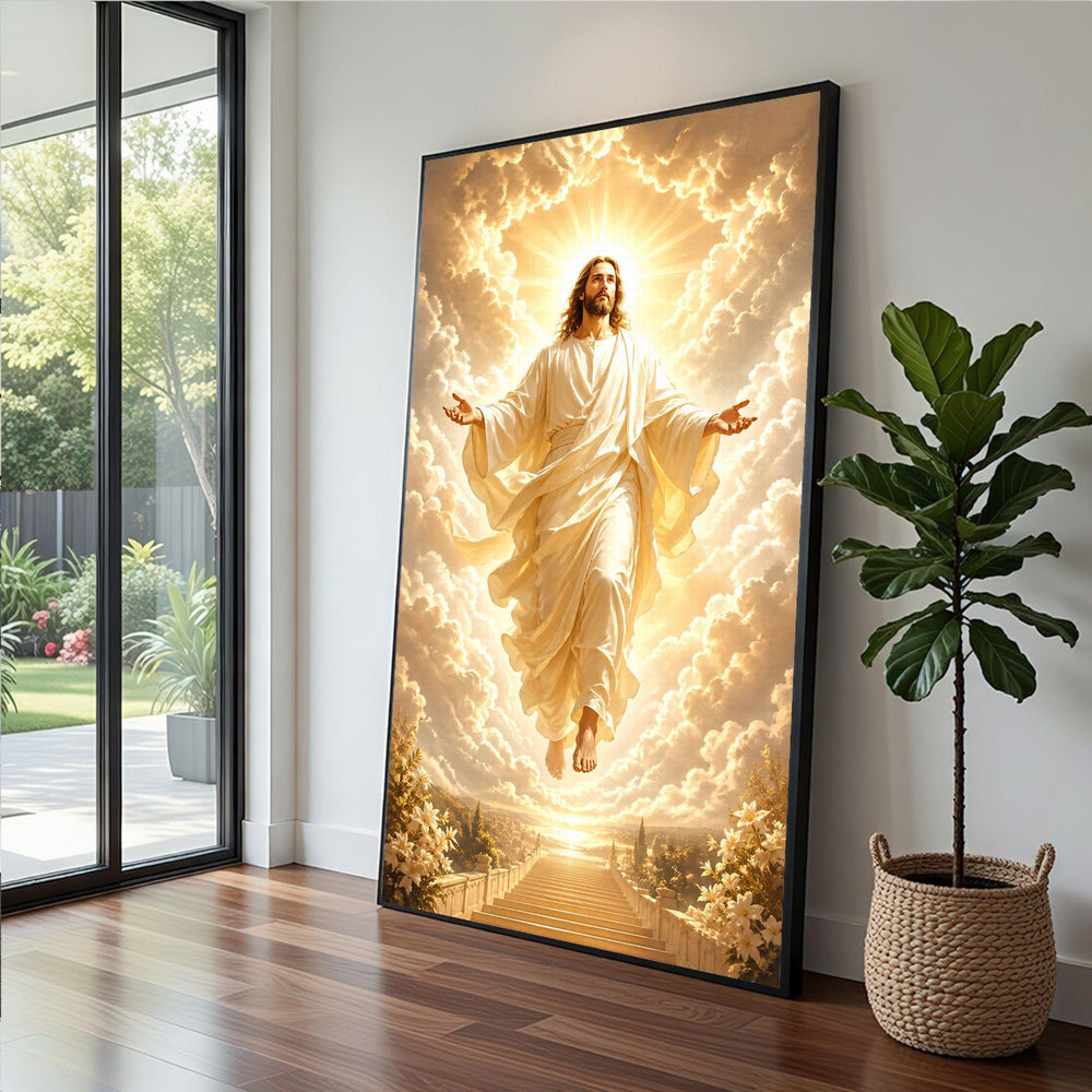 Jesus Ascension Framed Wall Art, Heavenly Light Canvas Print, Religious Living Room Decor