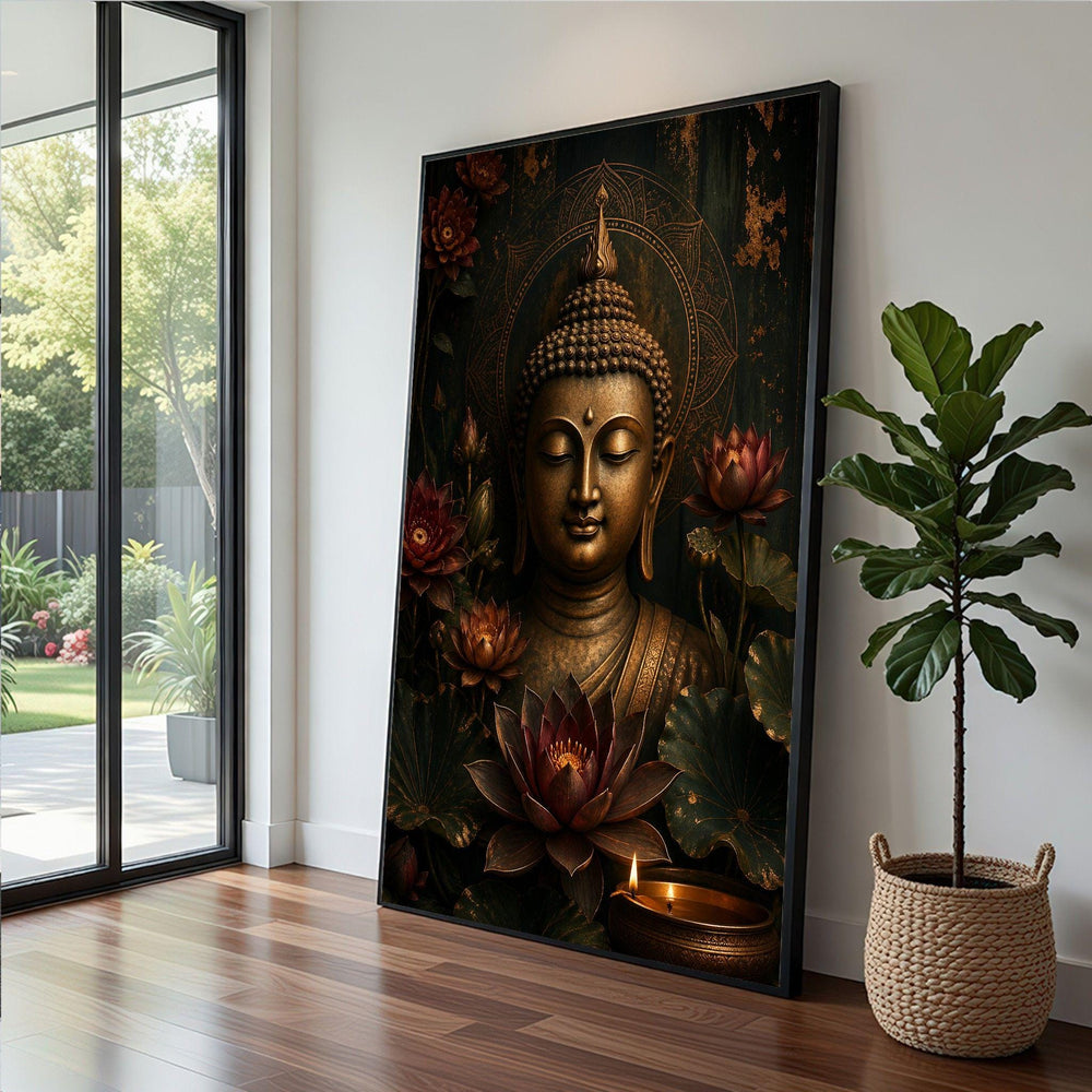 Buddha Meditation Golden Framed Wall Art, Zen Spiritual Canvas Print, Minimalist Living Room Decor
