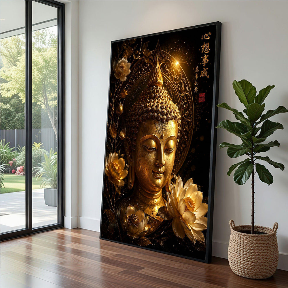 Buddha Golden Lotus Framed Wall Art, Zen Spiritual Canvas Print, Meditation Living Room Decor
