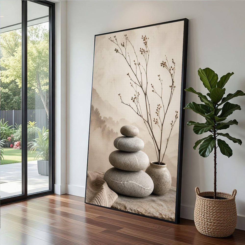 Zen Stone Arrangement Framed Wall Art, Neutral Toned Canvas Print, Minimalist Living Room Decor