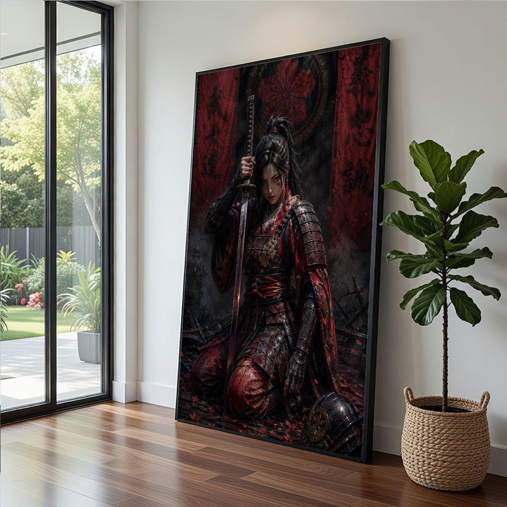 Samurai Warrior Framed Wall Art, Bold Red Armor Canvas Print, Japanese Living Room Decor