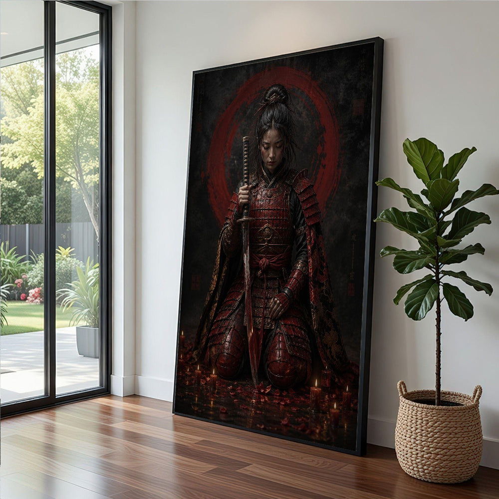 Japanese Samurai Warrior Framed Wall Art, Red Black Armor Canvas Print, Asian Inspired Living