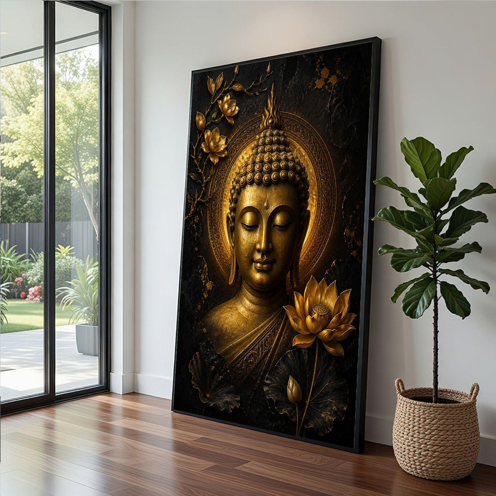 Buddha Meditation Golden Framed Wall Art, Zen Spiritual Canvas Print, Minimalist Living Room Decor