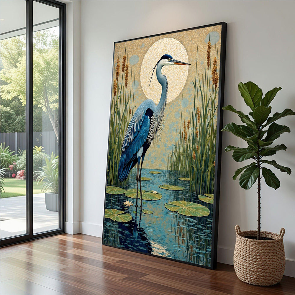 Blue Crane Framed Wall Art, Moonlit Marsh Canvas Print, Nature Living Room Decor