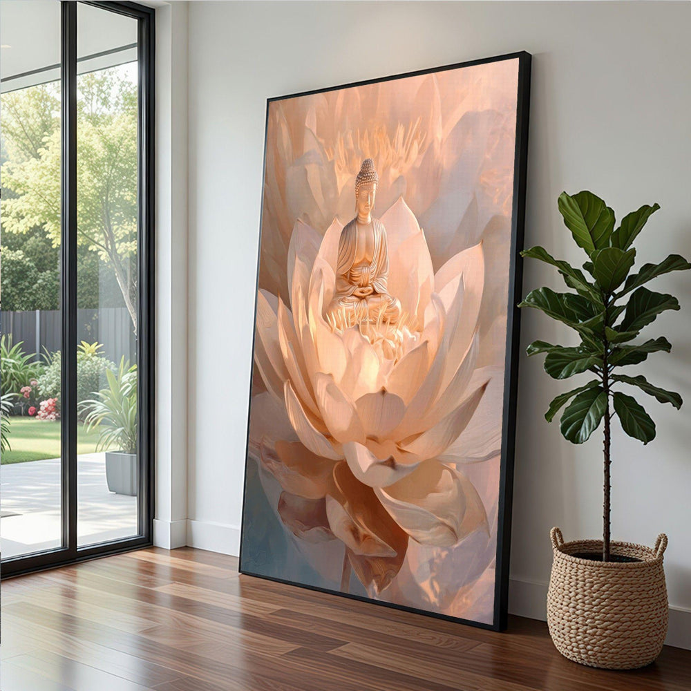 Buddha Lotus Framed Wall Art, Beige Meditation Canvas Print, Zen Living Room Decor