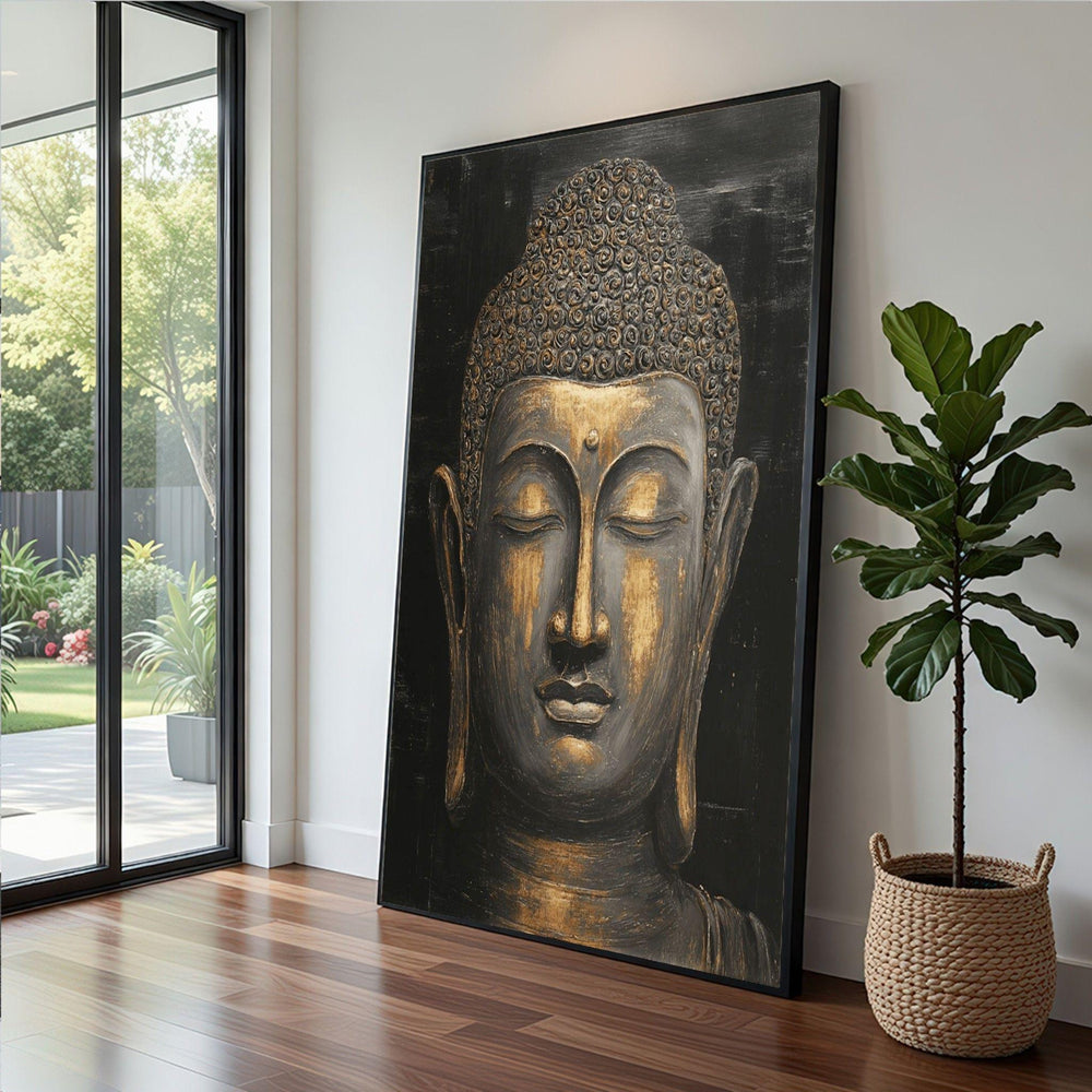 Buddha Meditation Framed Wall Art, Golden Spiritual Canvas Print, Zen Living Room Decor