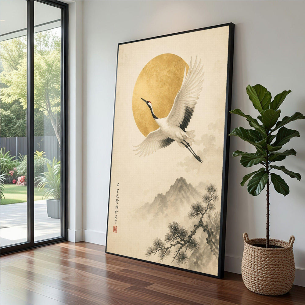 Japanese Crane Framed Wall Art, Golden Sun Framed Wall Art, Asian Inspired Living, Japanese Inspired Canvas Print