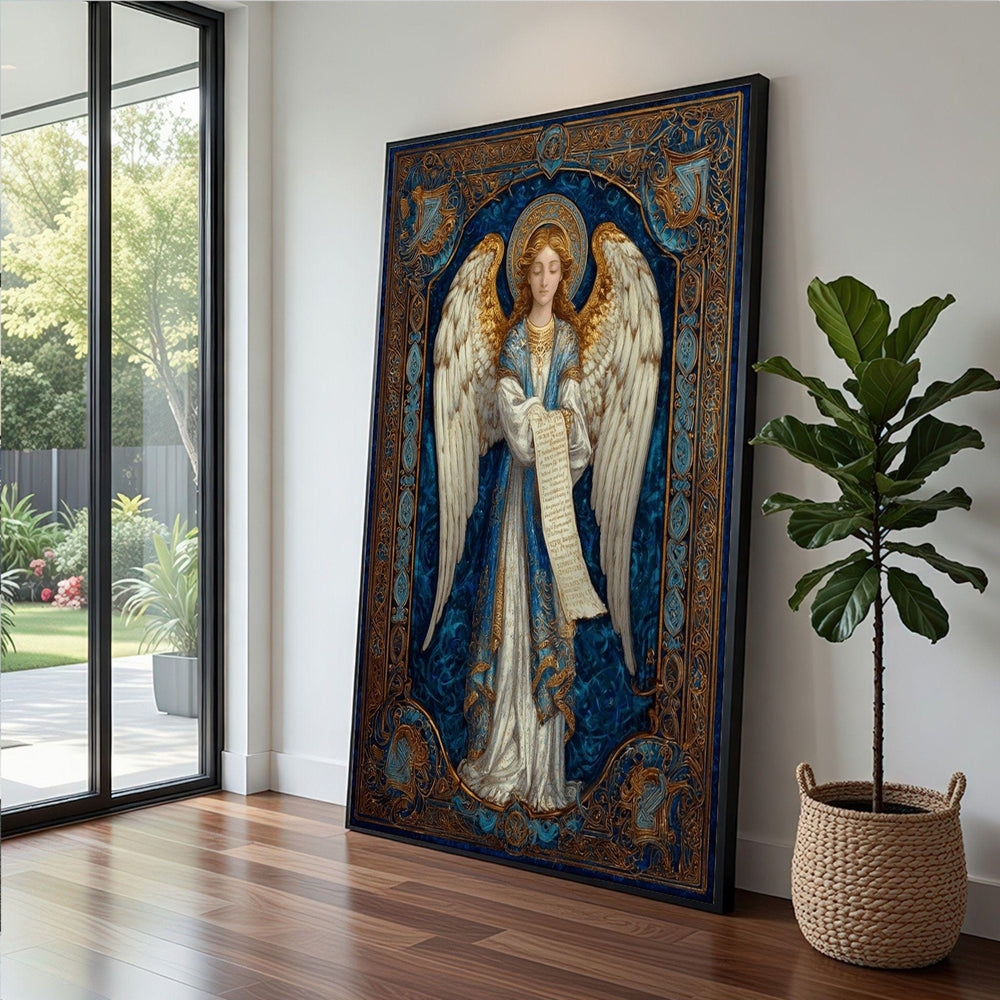 Angelic Figure Framed Wall Art, Blue Gold Religious Canvas Print, Ornate Spiritual Living