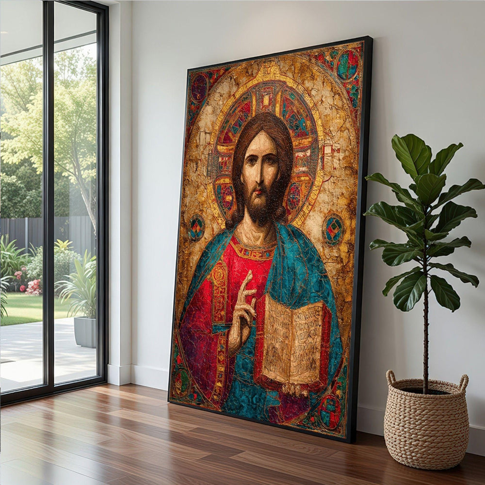 Byzantine Jesus Framed Wall Art, Vintage Religious Icon Canvas Print, Sacred Living Room Decor