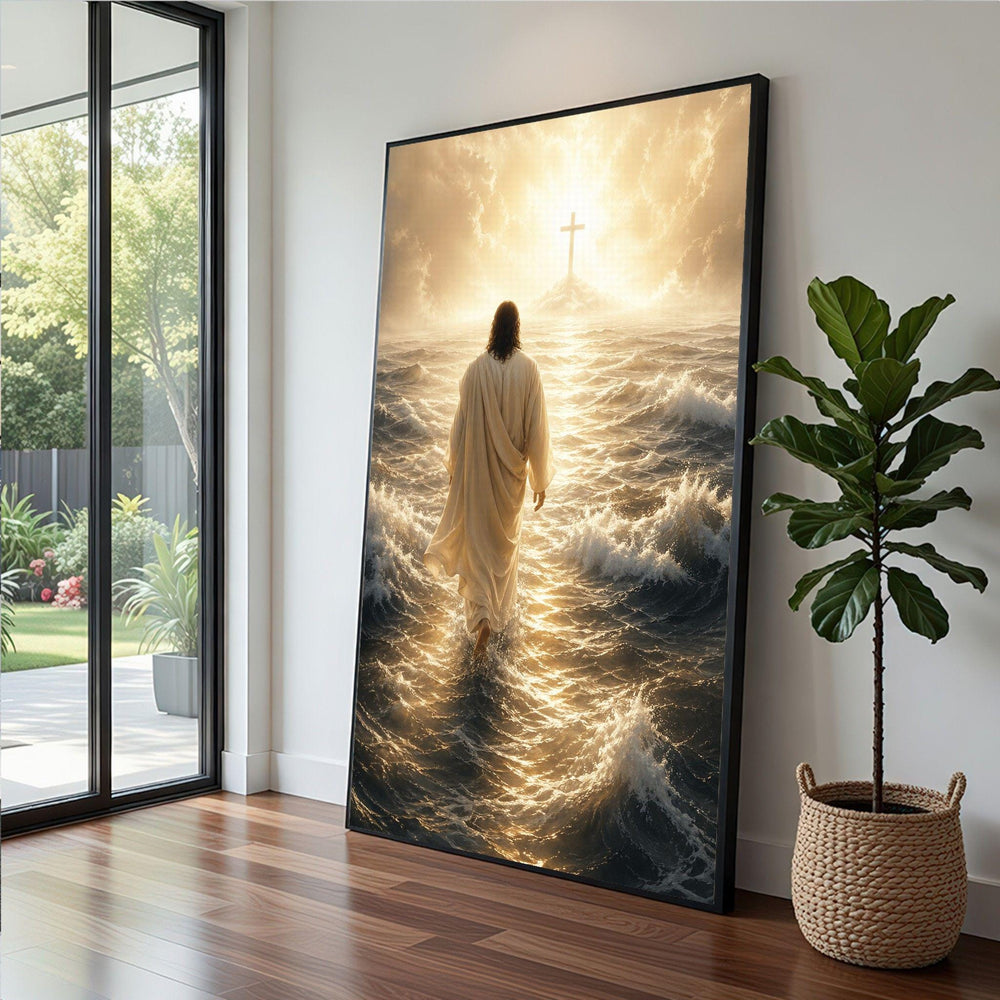 Jesus Walking on Water Framed Wall Art, Radiant Spiritual Canvas Print, Religious Living Room Decor