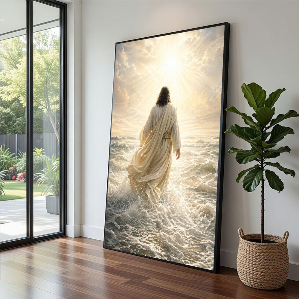 Jesus Walking on Water Framed Wall Art, Divine Ocean Scene Canvas Print, Religious Living Room Decor