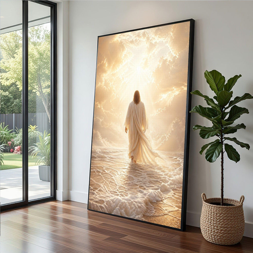 Jesus Walking on Water Framed Wall Art, Ethereal Ocean Light Canvas Print, Spiritual Living
