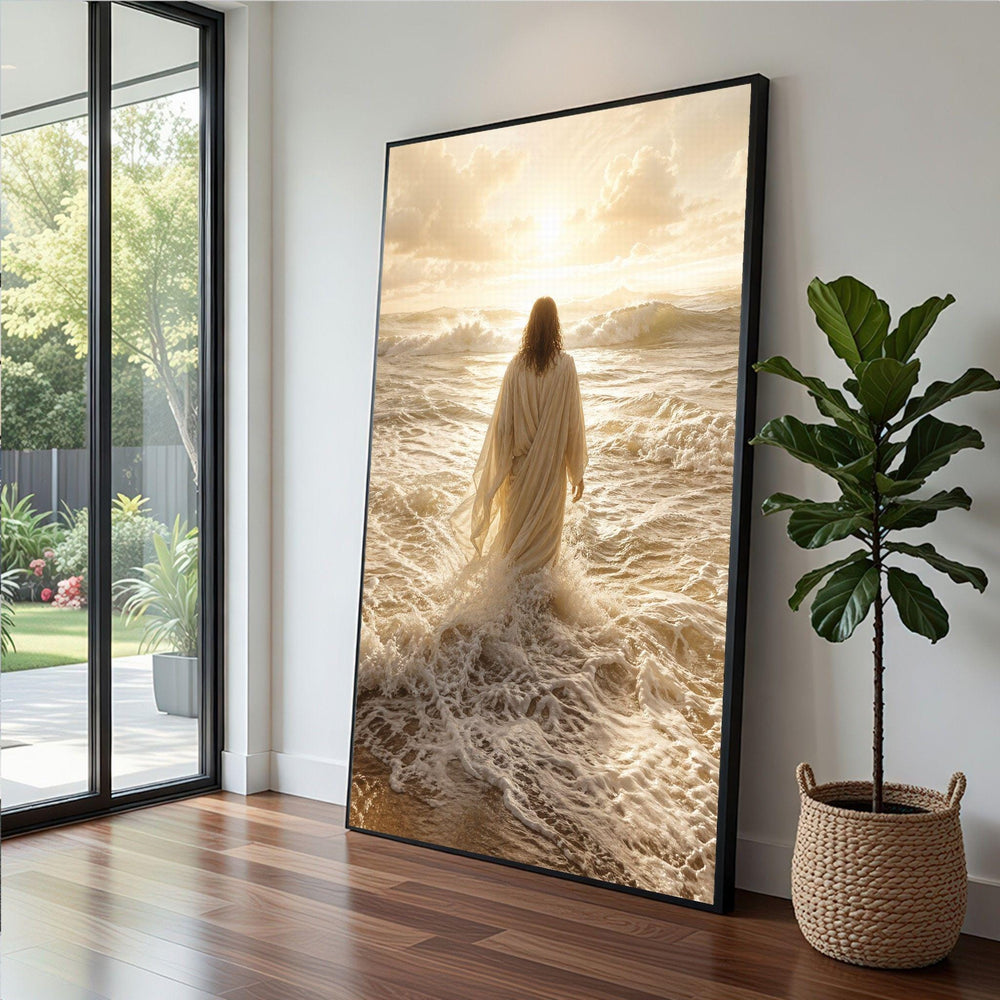 Jesus Walking on Water Framed Wall Art, Divine Ocean Canvas Print, Religious Living Room Decor