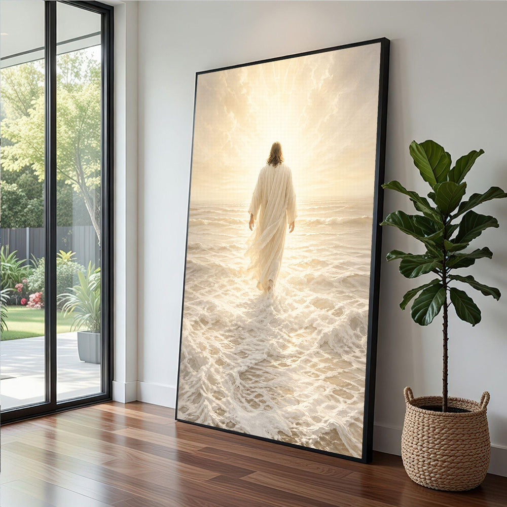 Jesus Walking on Water Framed Wall Art, Golden Light Canvas Print, Religious Living Room Decor
