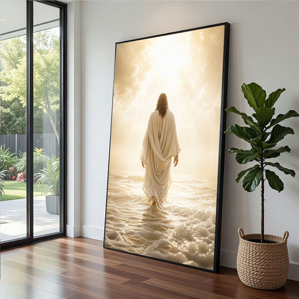 Jesus Walking on Water Framed Wall Art, Divine Light Canvas Print, Spiritual Living Room Decor