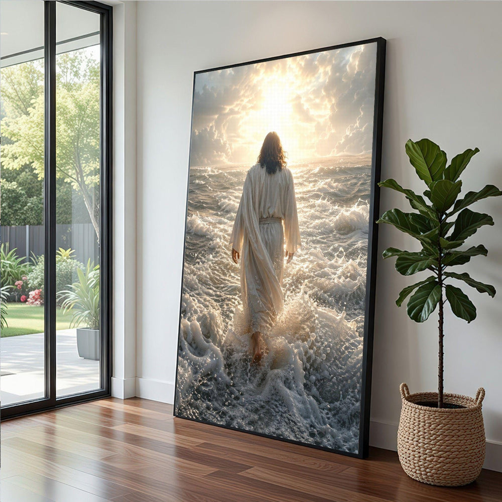 Jesus Walking on Water Framed Wall Art, Divine Ocean Canvas Print, Spiritual Living Room Decor