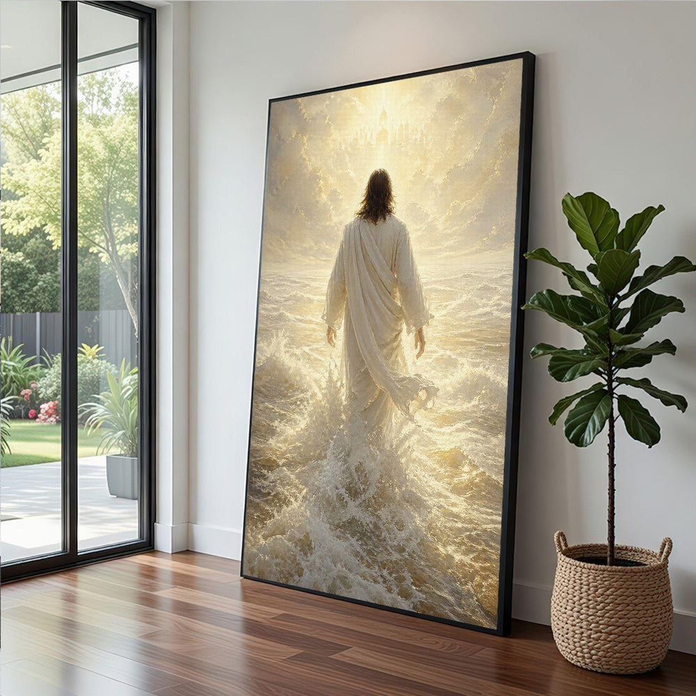 Jesus Walking on Water Framed Wall Art, Divine Light Canvas Print, Spiritual Living Room Decor