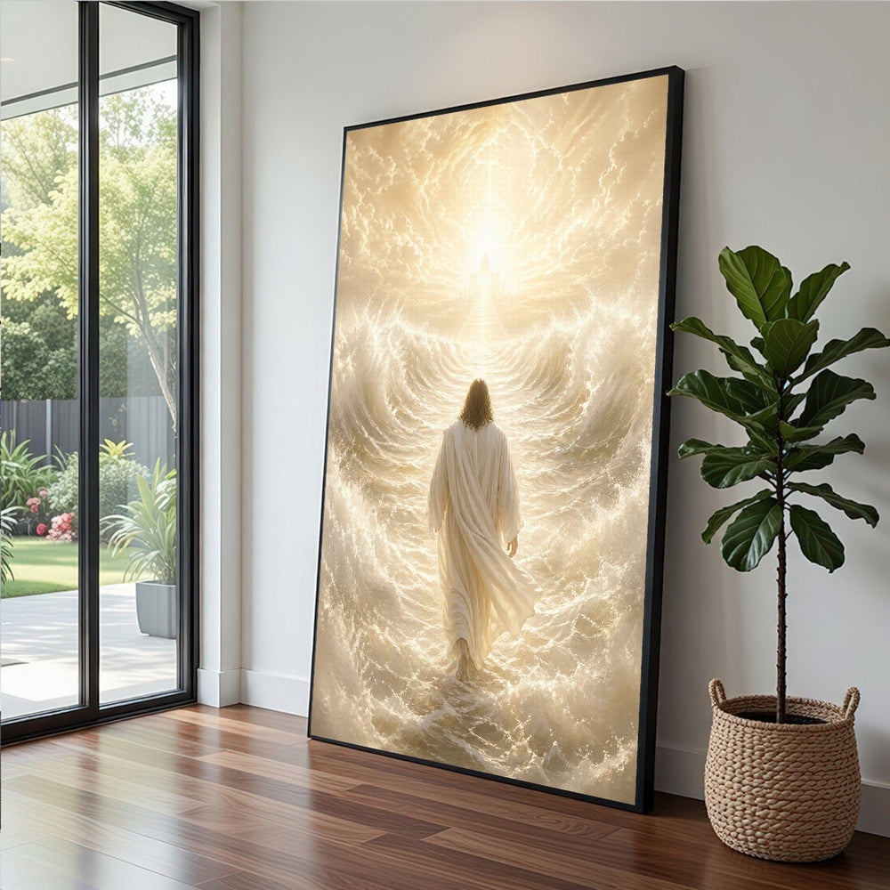 Divine Light Jesus Framed Wall Art, Heavenly Path Canvas Print, Spiritual Living Room Decor